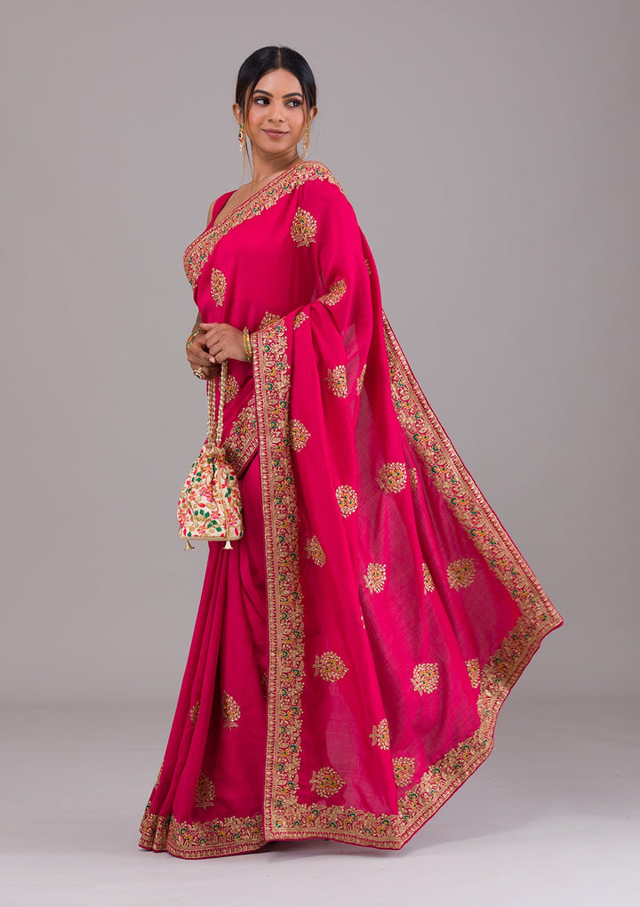 Rani Pink Zariwork Raw Silk Saree-Koskii