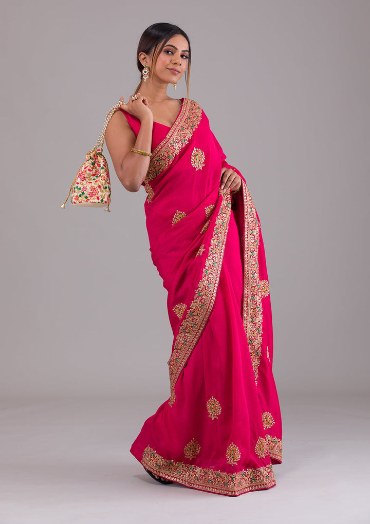 Rani Pink Zariwork Raw Silk Saree-Koskii