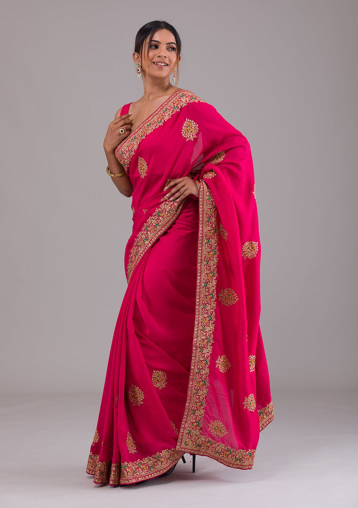 Rani Pink Zariwork Raw Silk Saree-Koskii