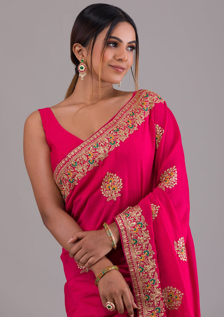Rani Pink Zariwork Raw Silk Saree-Koskii