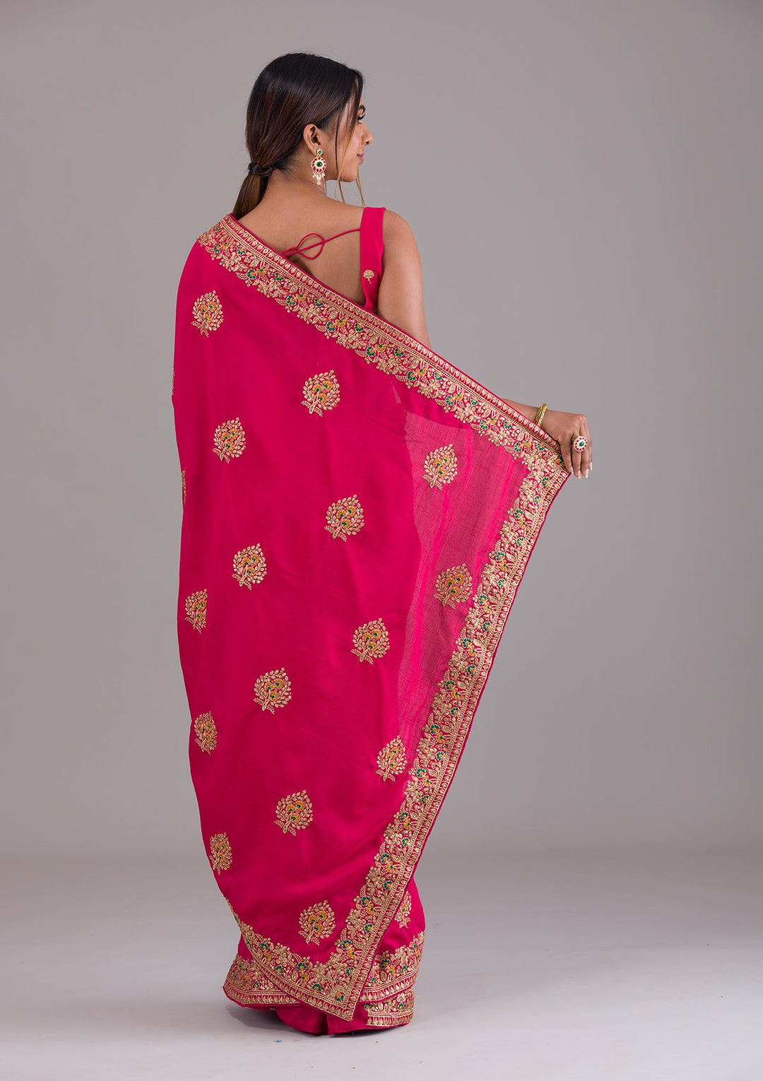 Rani Pink Zariwork Raw Silk Saree-Koskii