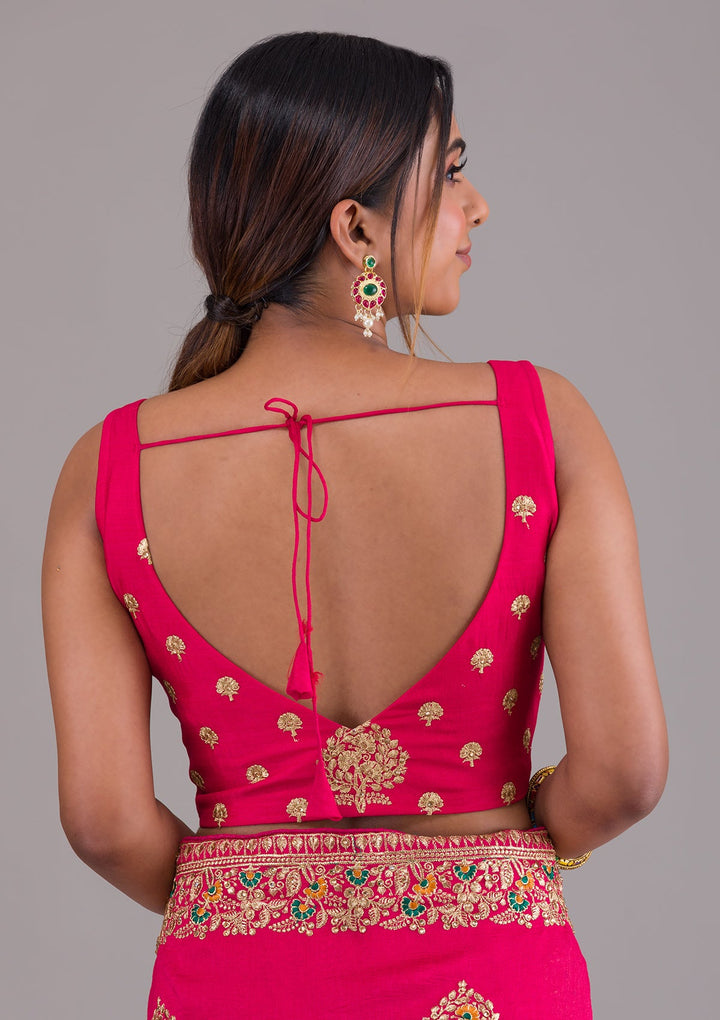 Rani Pink Zariwork Raw Silk Saree-Koskii