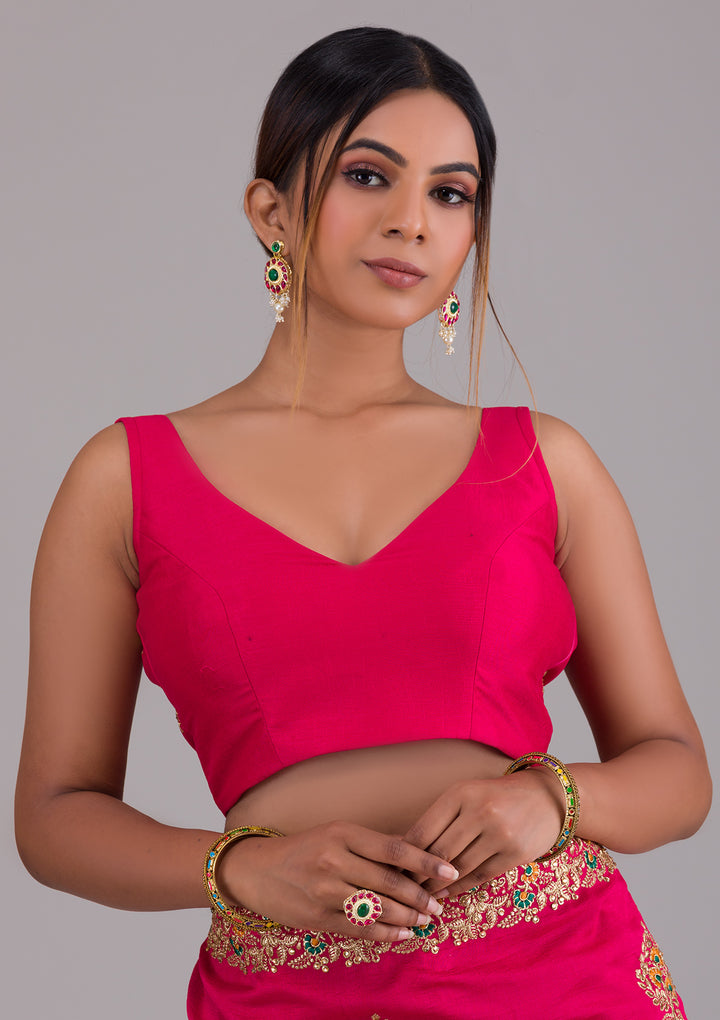Rani Pink Zariwork Raw Silk Saree-Koskii