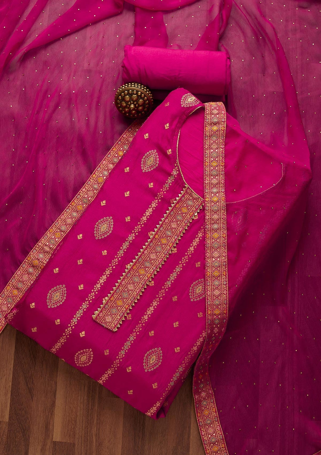 Rani Pink Zariwork Semi Crepe Semi-Stitched Salwar Suit-Koskii
