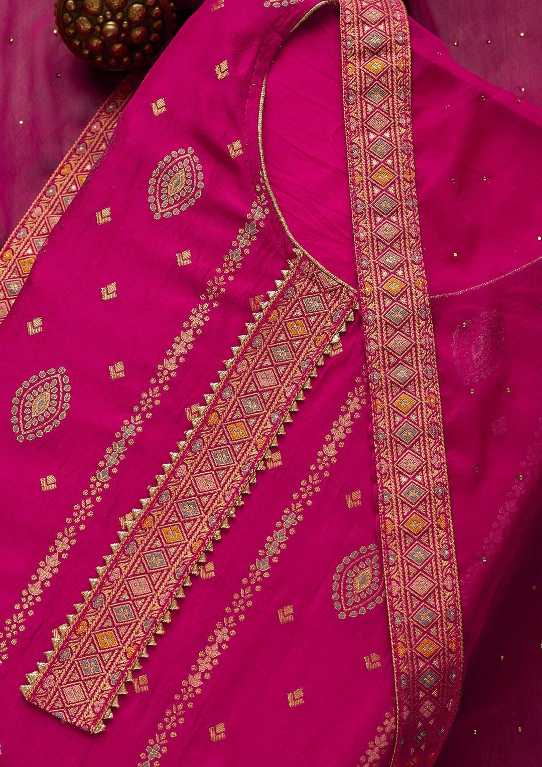 Rani Pink Zariwork Semi Crepe Semi-Stitched Salwar Suit-Koskii