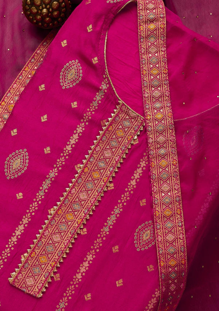 Rani Pink Zariwork Semi Crepe Semi-Stitched Salwar Suit-Koskii