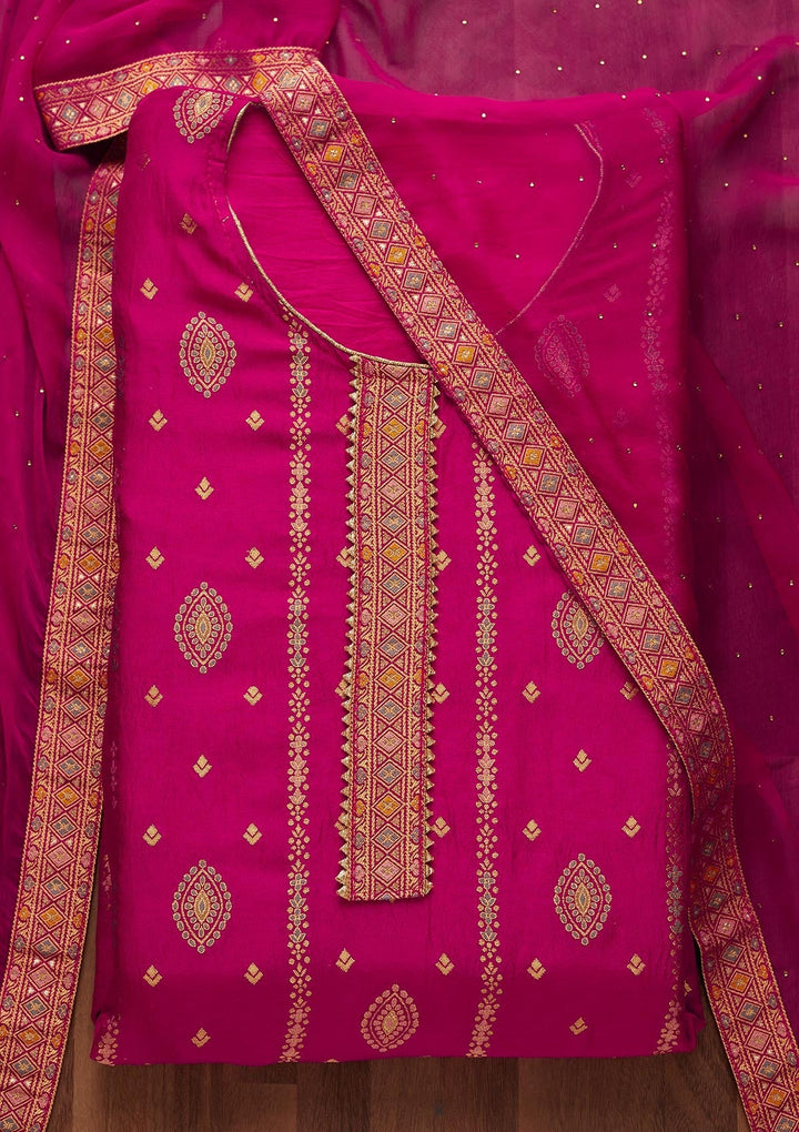 Rani Pink Zariwork Semi Crepe Semi-Stitched Salwar Suit-Koskii