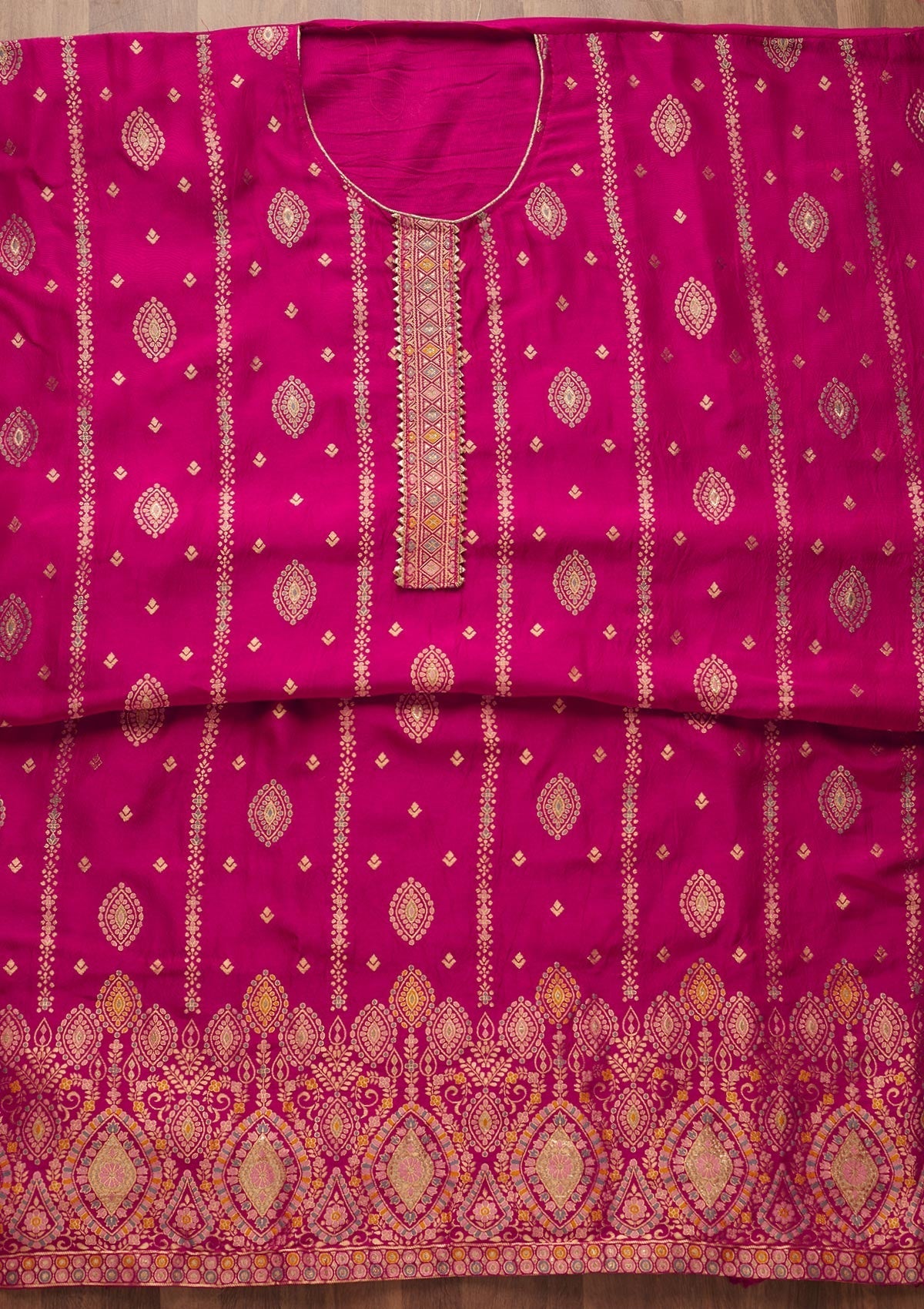 Rani Pink Zariwork Semi Crepe Semi-Stitched Salwar Suit-Koskii