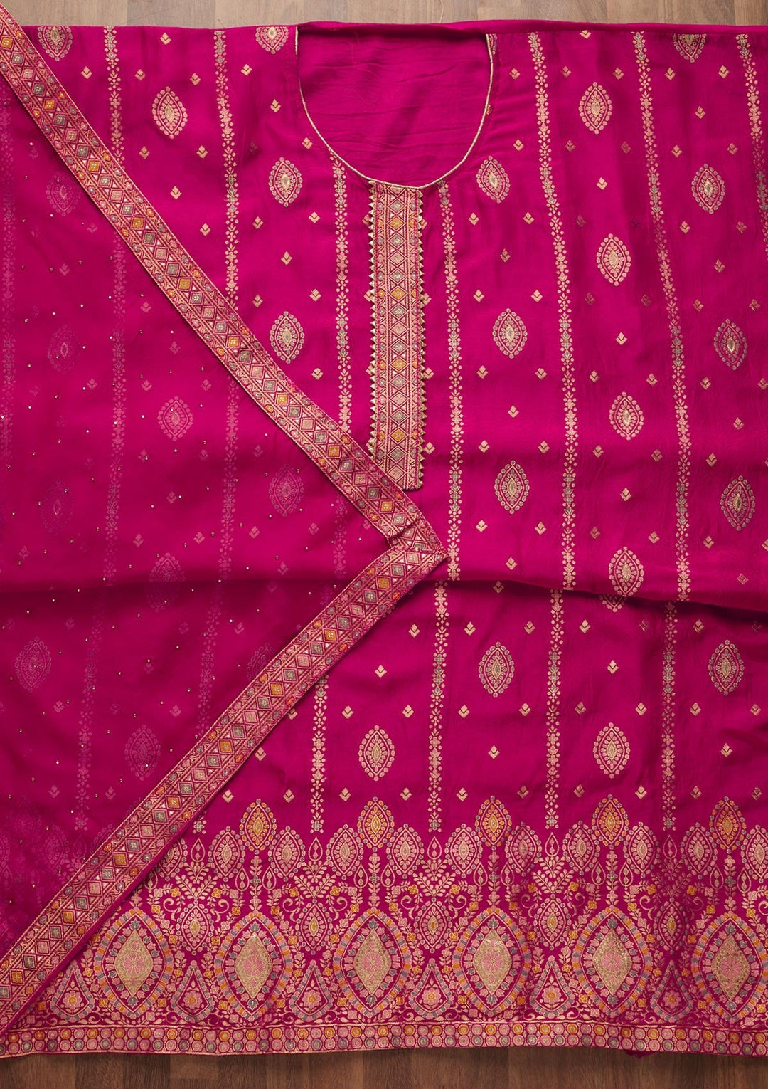 Rani Pink Zariwork Semi Crepe Semi-Stitched Salwar Suit-Koskii
