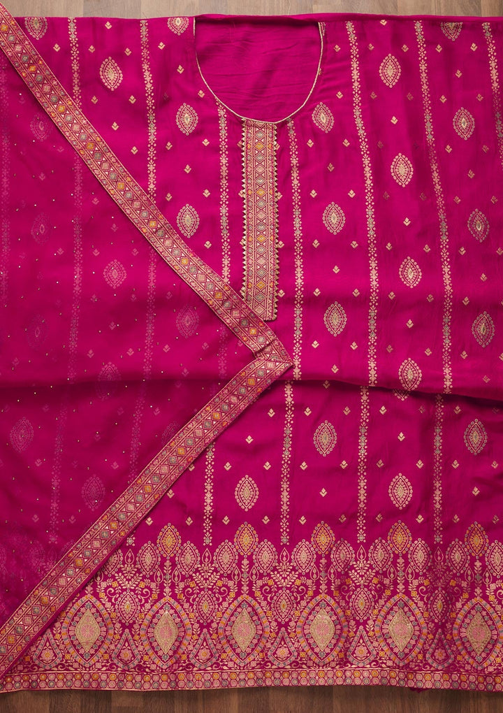 Rani Pink Zariwork Semi Crepe Semi-Stitched Salwar Suit-Koskii