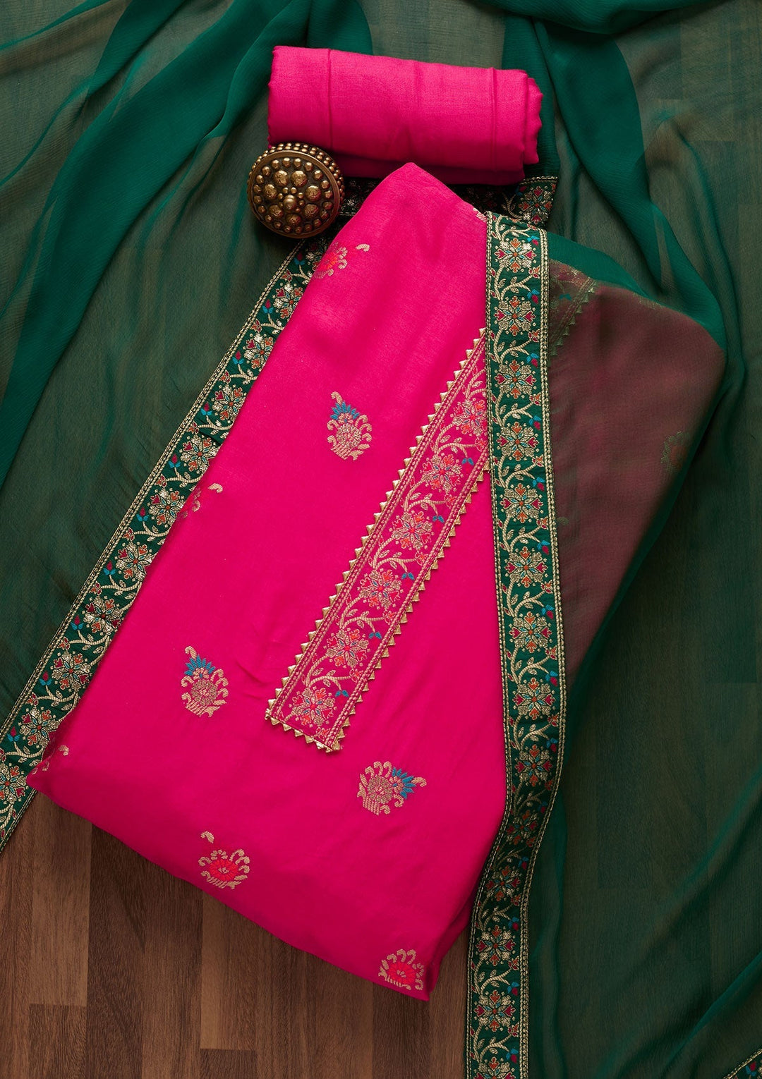 Rani Pink Zariwork Semi Crepe Semi-Stitched Salwar Suit-Koskii