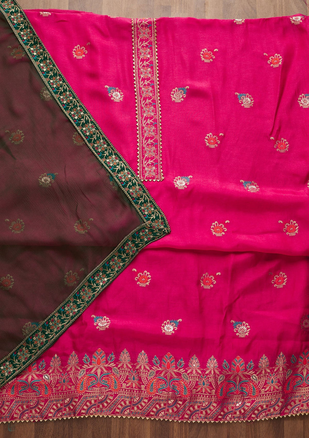 Rani Pink Zariwork Semi Crepe Semi-Stitched Salwar Suit-Koskii
