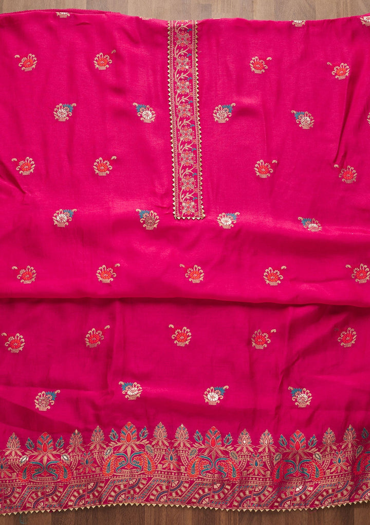 Rani Pink Zariwork Semi Crepe Semi-Stitched Salwar Suit-Koskii