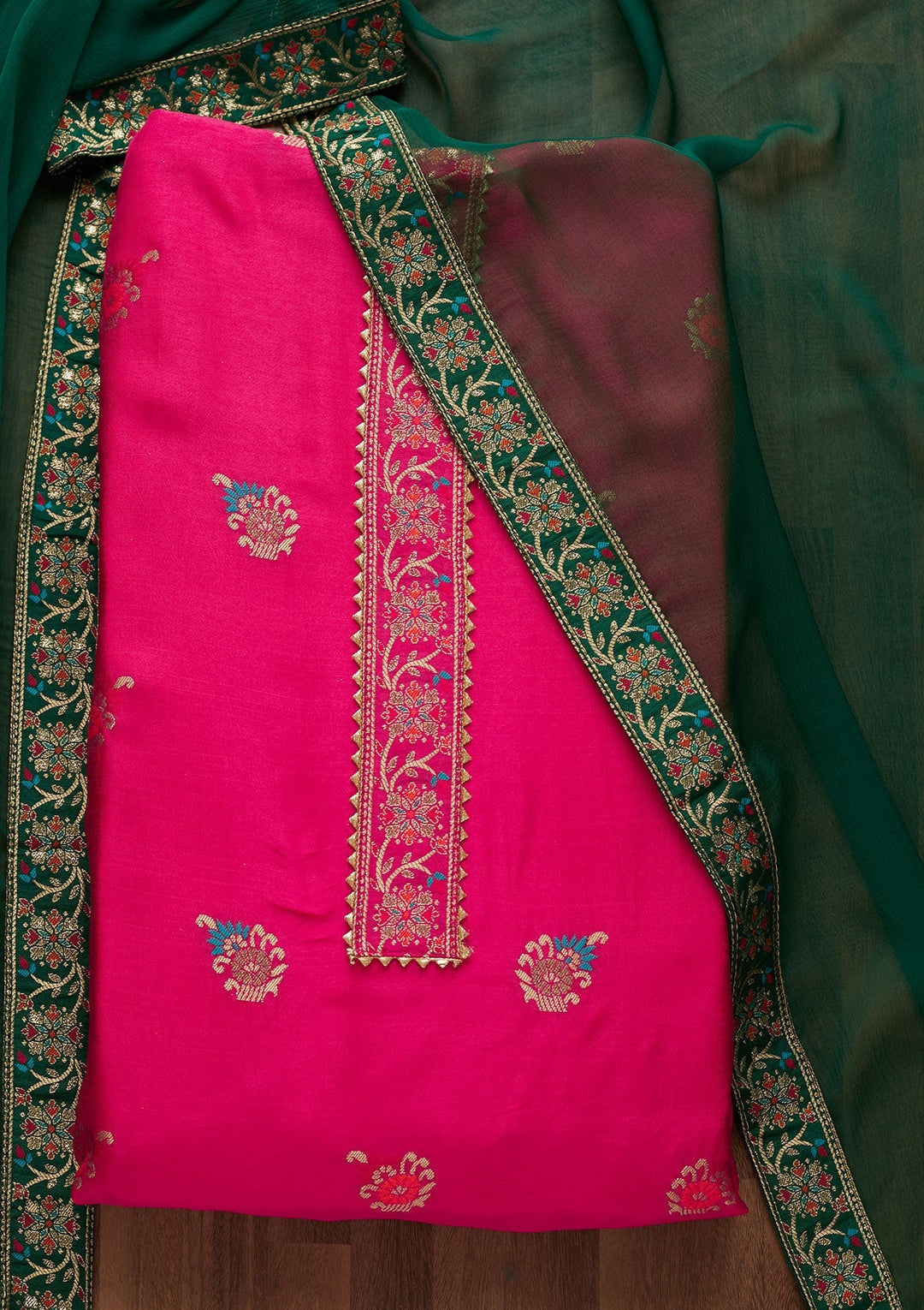 Rani Pink Zariwork Semi Crepe Semi-Stitched Salwar Suit-Koskii