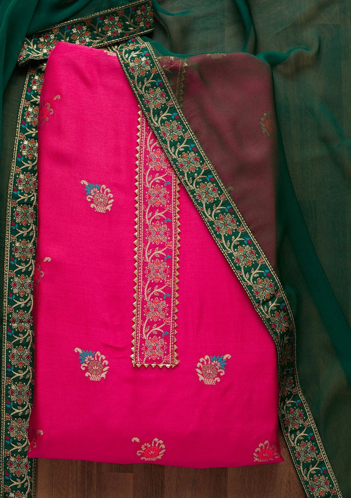 Rani Pink Zariwork Semi Crepe Semi-Stitched Salwar Suit-Koskii