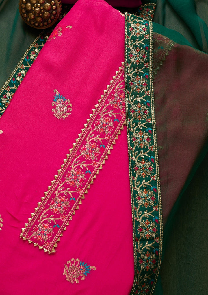 Rani Pink Zariwork Semi Crepe Semi-Stitched Salwar Suit-Koskii