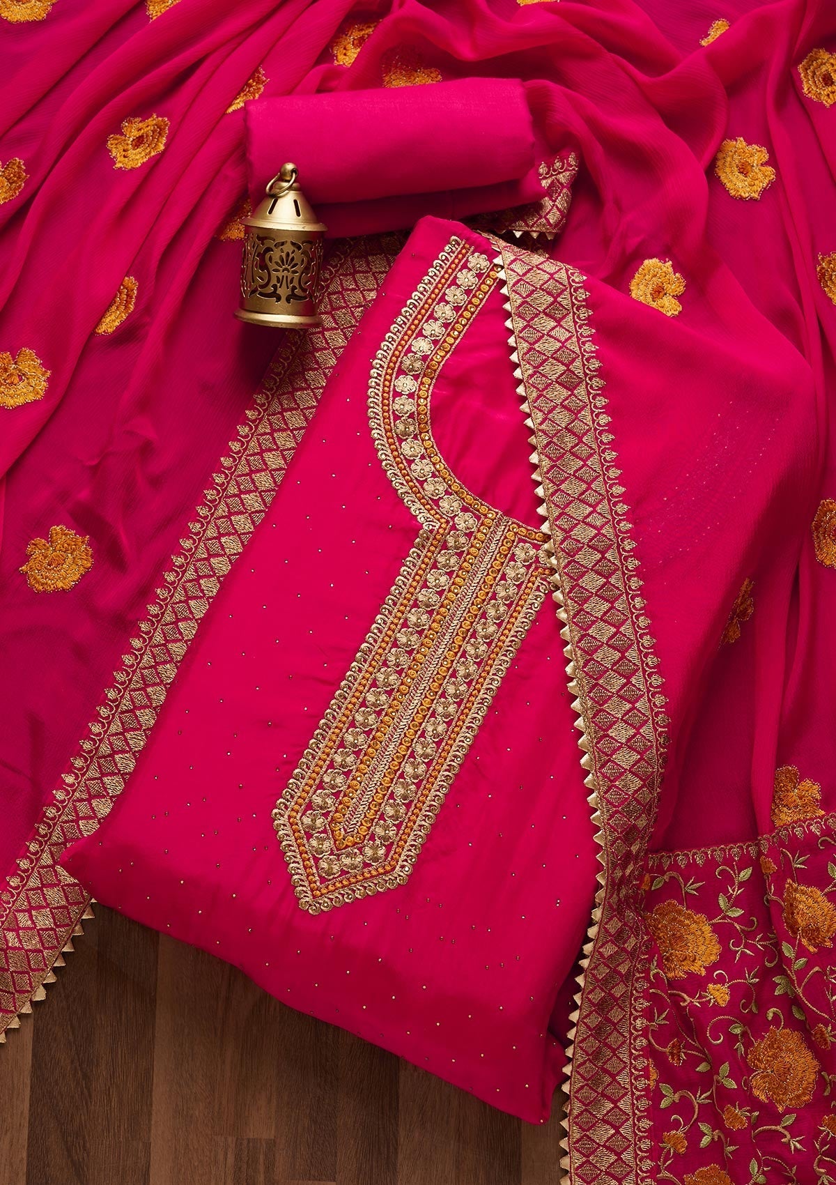 Rani Pink Zariwork Semi Crepe Unstitched Salwar Suit- Koskii