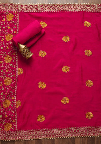 Rani Pink Zariwork Semi Crepe Unstitched Salwar Suit - Koskii