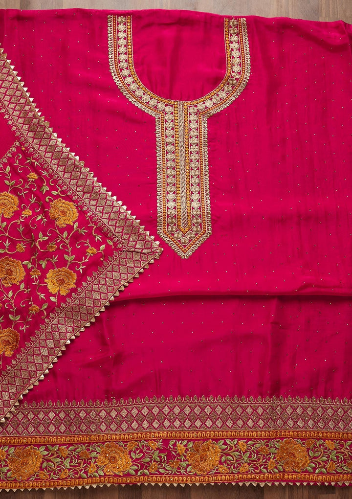 Rani Pink Zariwork Semi Crepe Unstitched Salwar Suit - Koskii