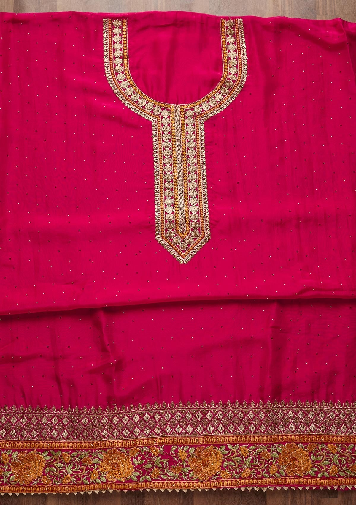 Rani Pink Zariwork Semi Crepe Unstitched Salwar Suit - Koskii
