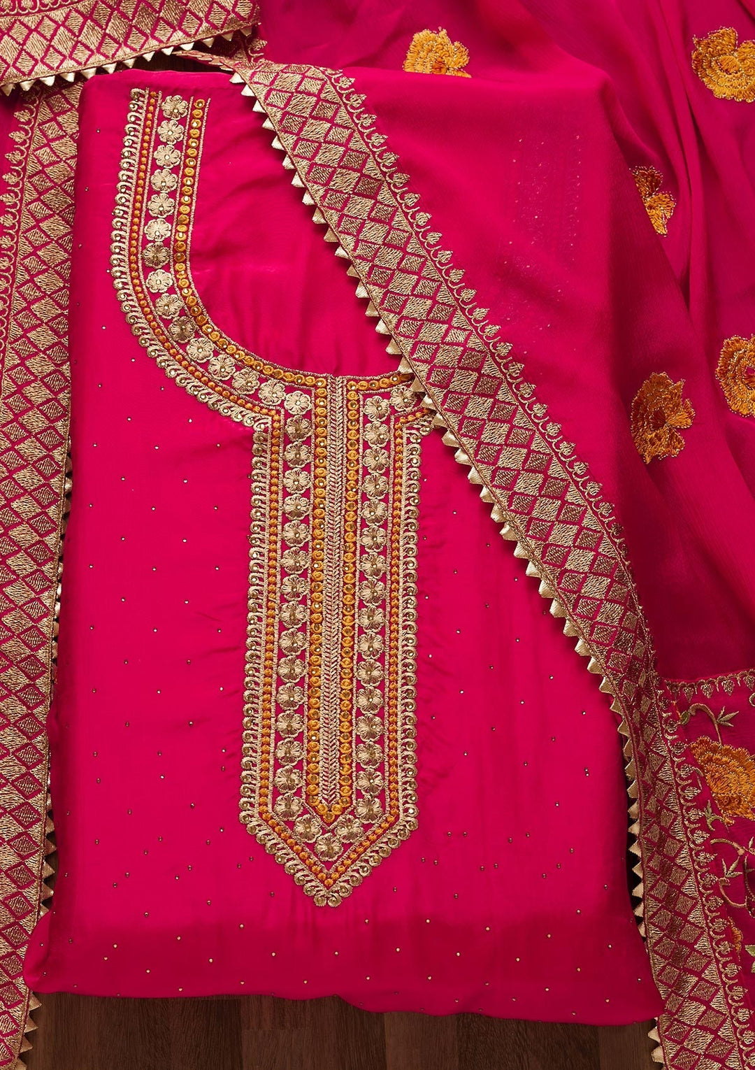 Rani Pink Zariwork Semi Crepe Unstitched Salwar Suit - Koskii