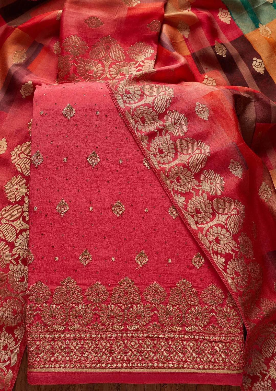 Rani Pink Zariwork Semi Crepe Designer Unstitched Salwar Suit - koskii