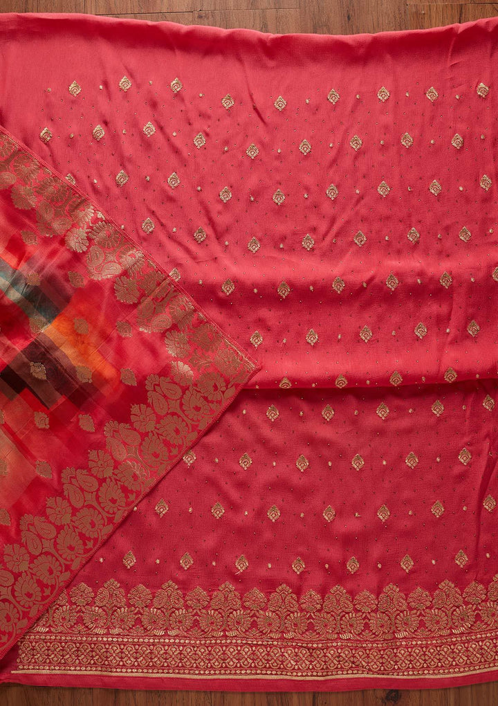 Rani Pink Zariwork Semi Crepe Designer Unstitched Salwar Suit - koskii