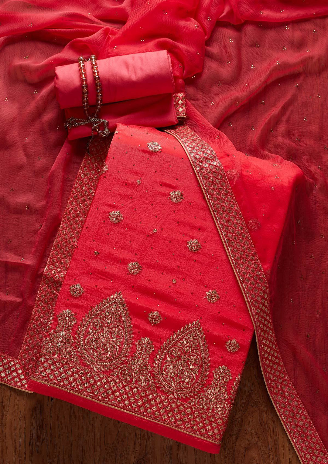 Rani Pink Zariwork Semi Crepe Designer Unstitched Salwar Suit - koskii
