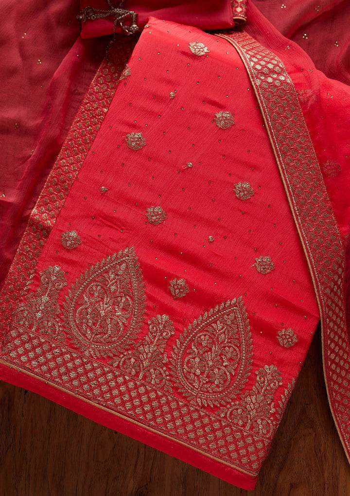 Rani Pink Zariwork Semi Crepe Designer Unstitched Salwar Suit - koskii