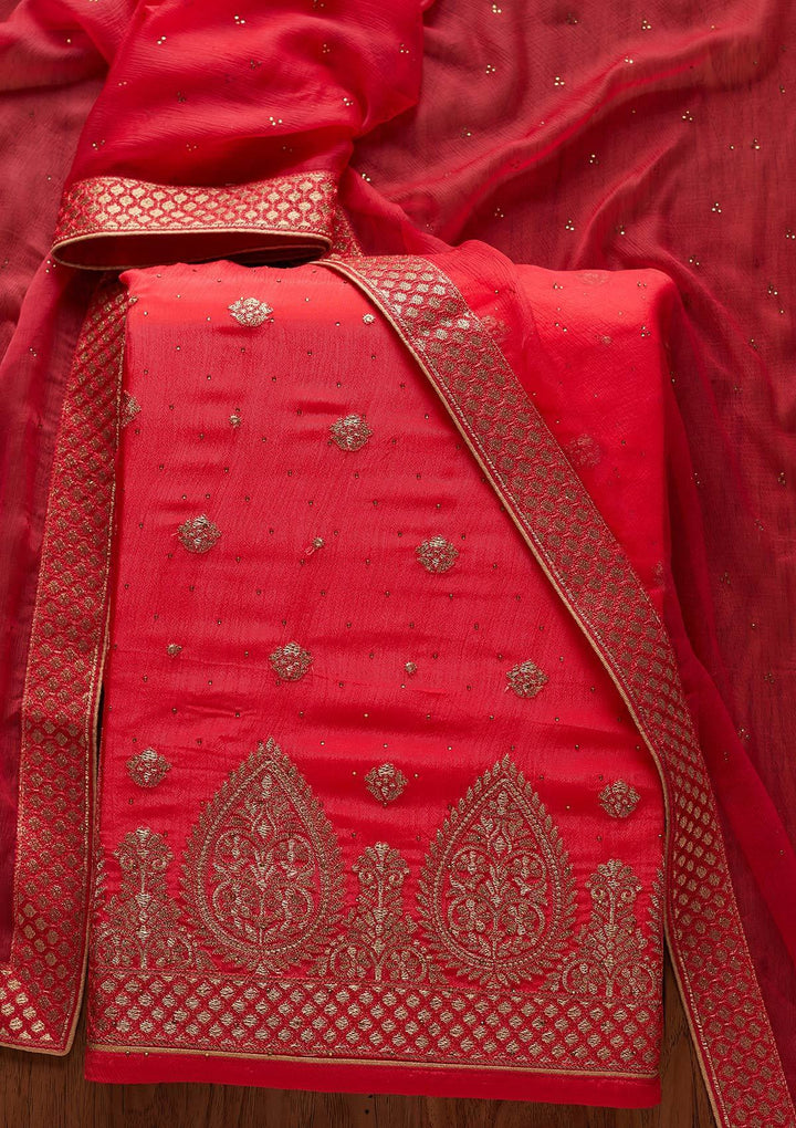 Rani Pink Zariwork Semi Crepe Designer Unstitched Salwar Suit - koskii