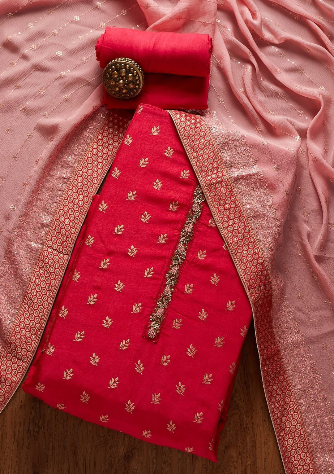 Rani Pink Zariwork Semi Crepe Designer Unstitched Salwar Suit - koskii
