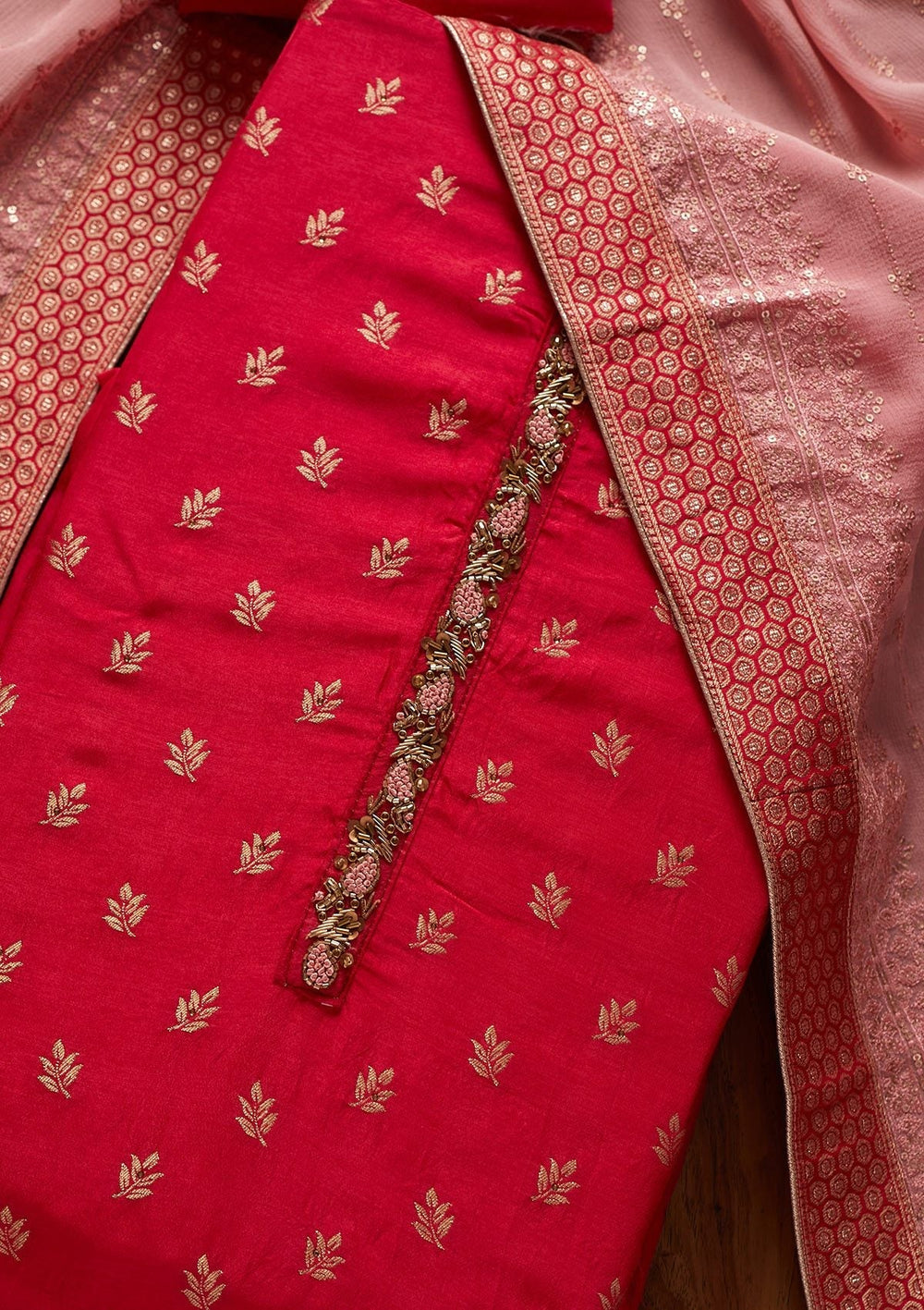 Rani Pink Zariwork Semi Crepe Designer Unstitched Salwar Suit - koskii
