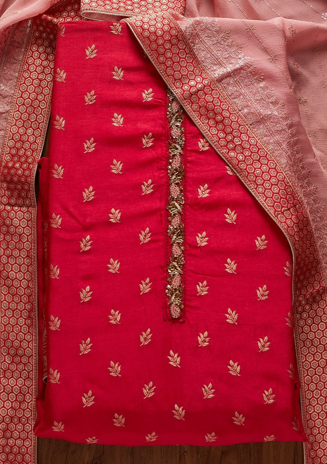 Rani Pink Zariwork Semi Crepe Designer Unstitched Salwar Suit - koskii