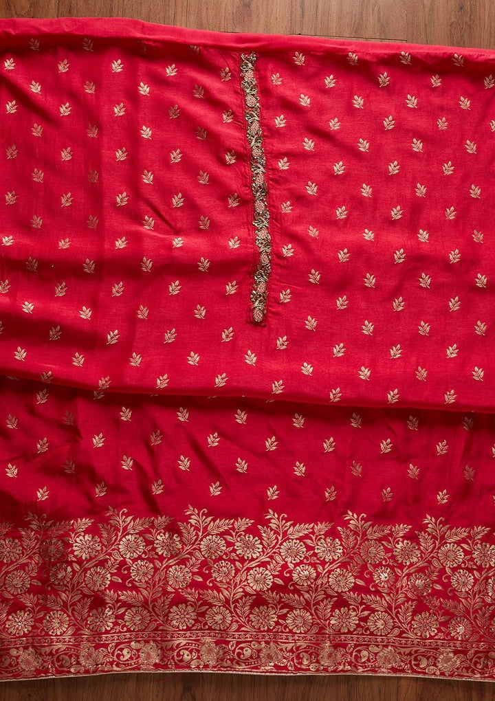 Rani Pink Zariwork Semi Crepe Designer Unstitched Salwar Suit - koskii