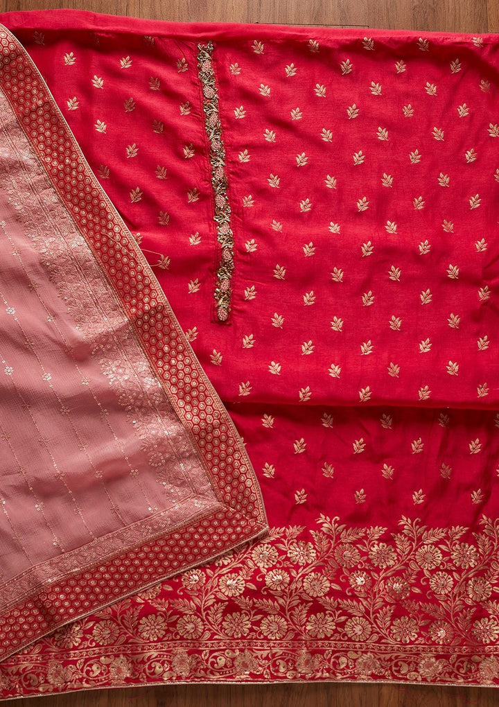 Rani Pink Zariwork Semi Crepe Designer Unstitched Salwar Suit - koskii