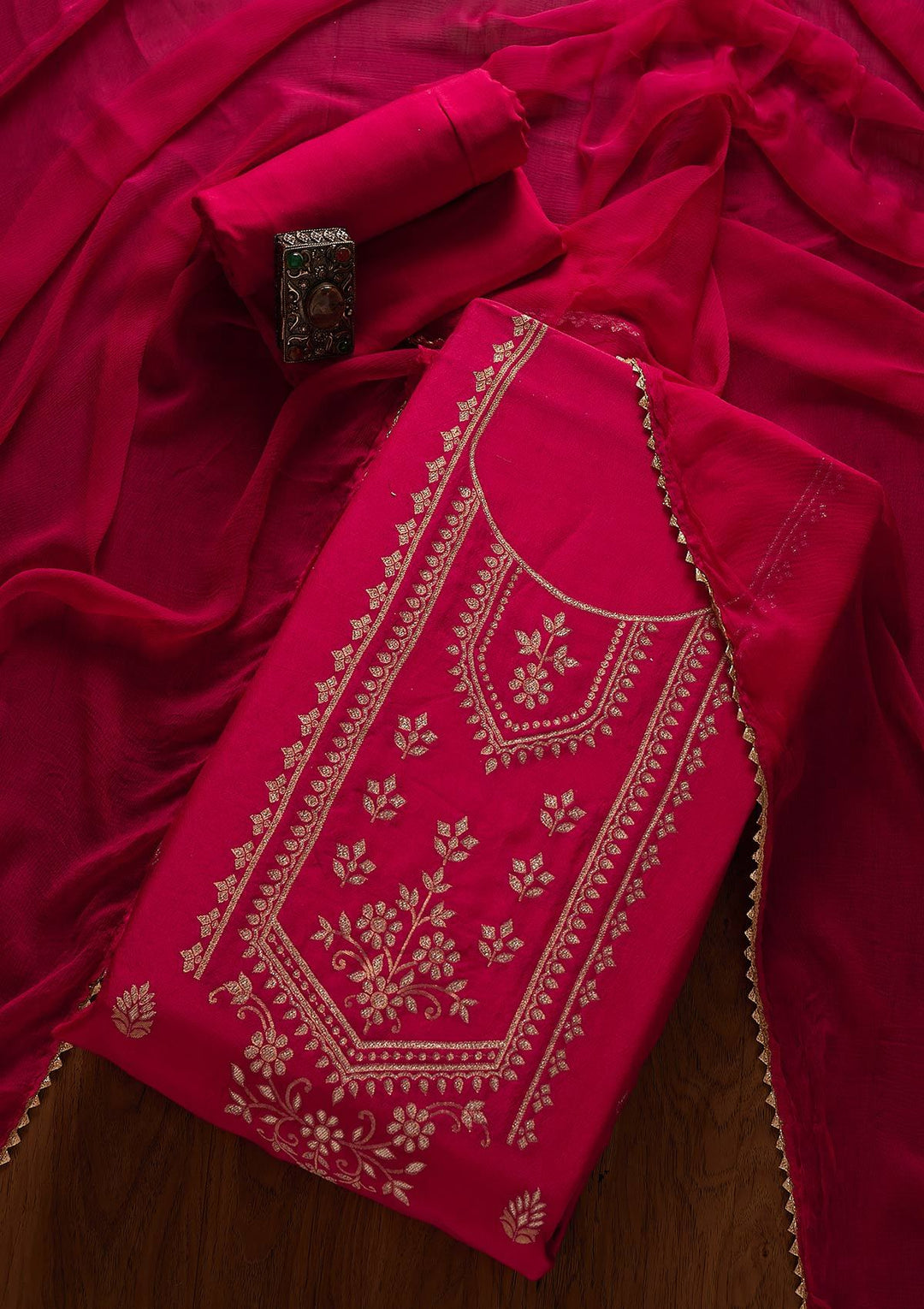 Rani Pink Zariwork Semi Crepe Designer Unstitched Salwar Suit - koskii