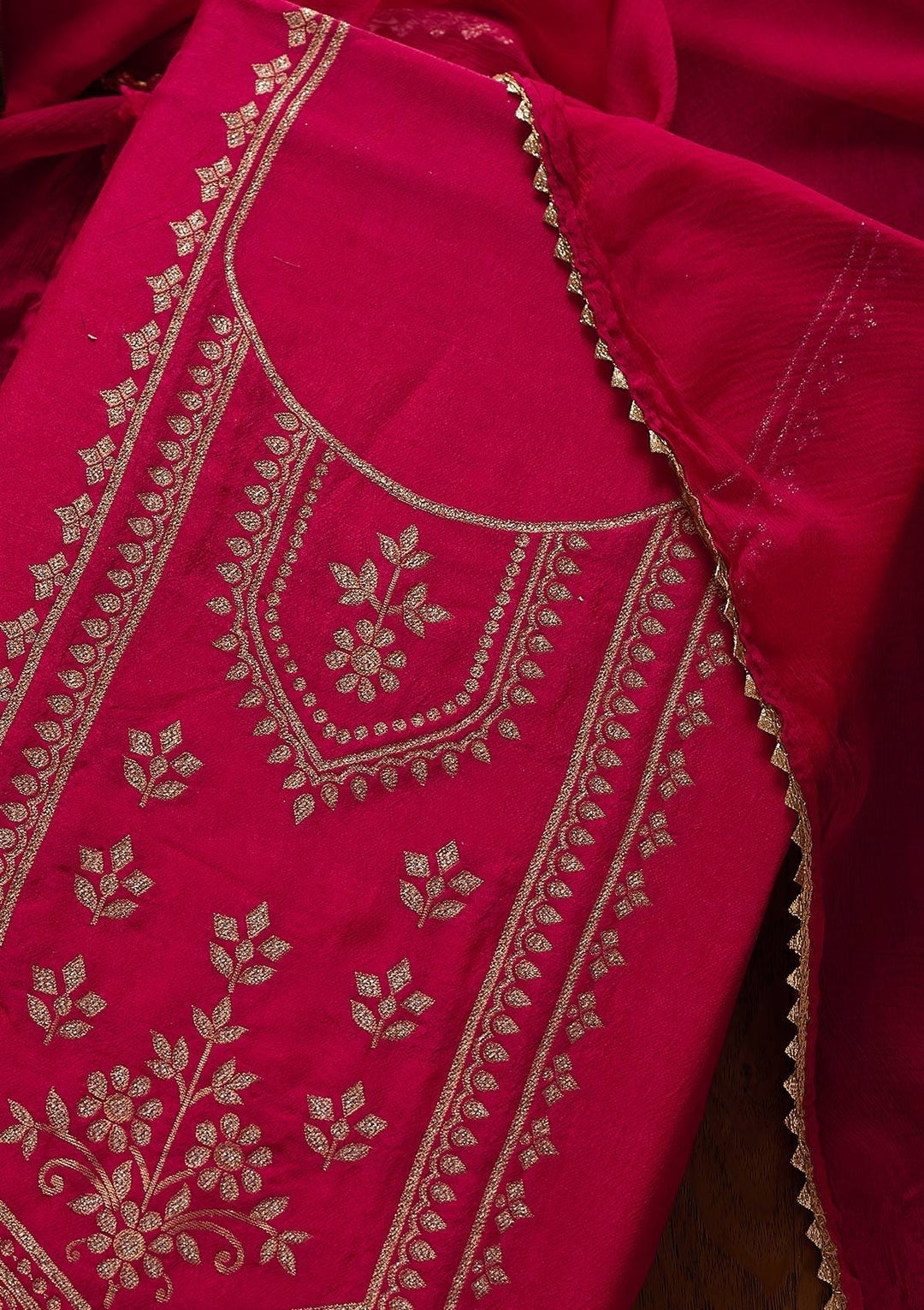 Rani Pink Zariwork Semi Crepe Designer Unstitched Salwar Suit - koskii