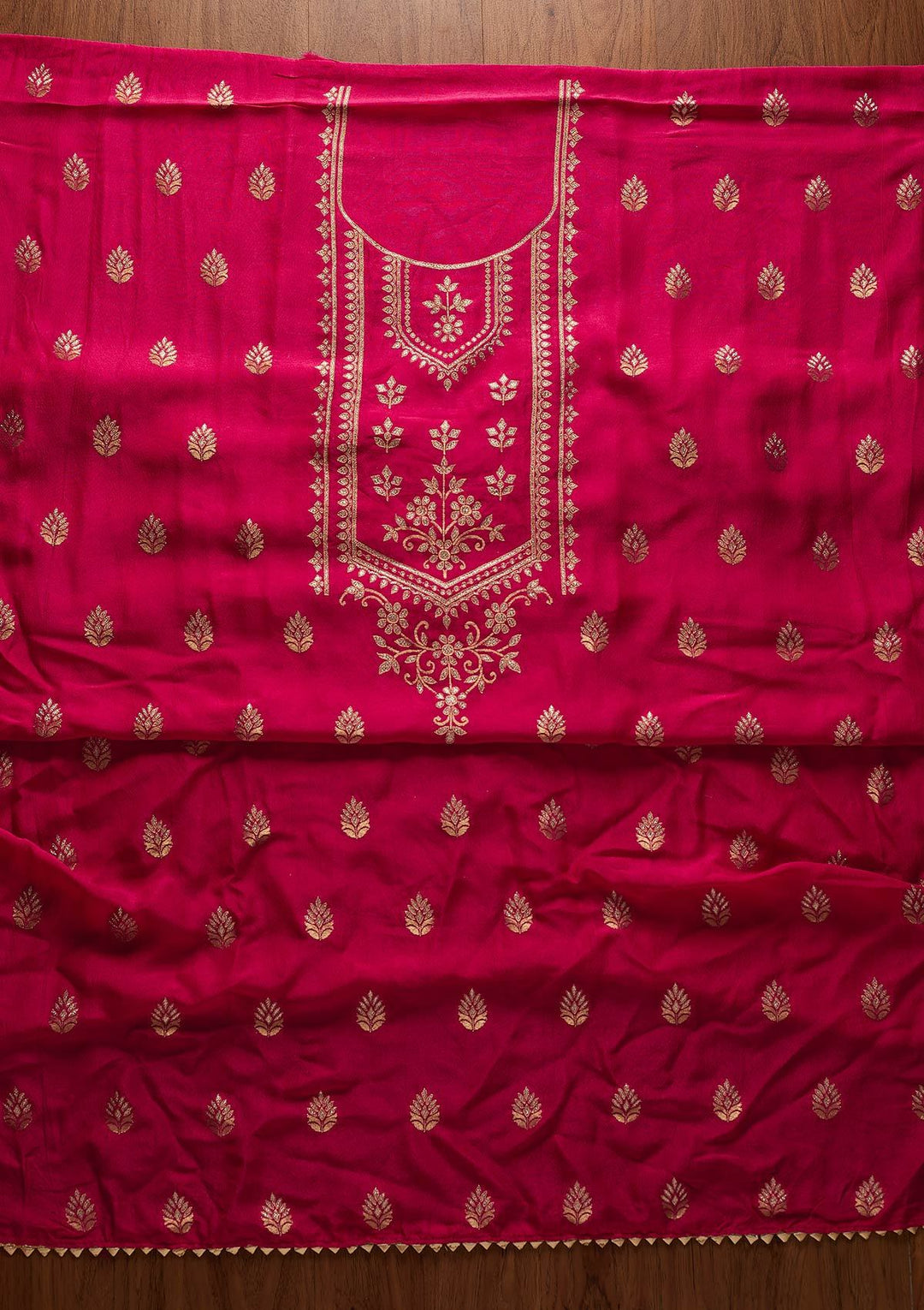 Rani Pink Zariwork Semi Crepe Designer Unstitched Salwar Suit - koskii