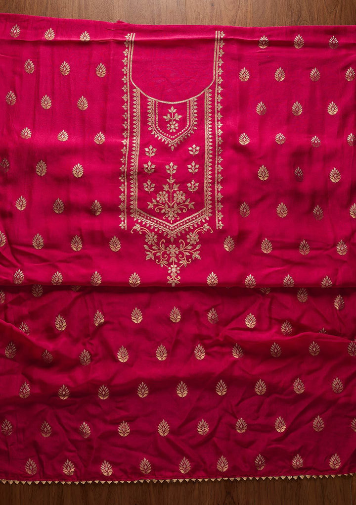 Rani Pink Zariwork Semi Crepe Designer Unstitched Salwar Suit - koskii
