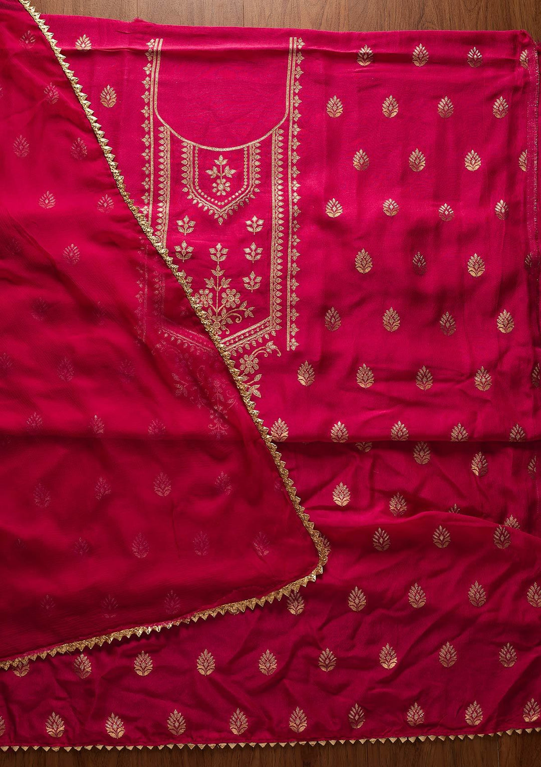 Rani Pink Zariwork Semi Crepe Designer Unstitched Salwar Suit - koskii