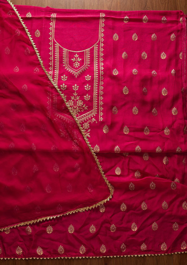 Rani Pink Zariwork Semi Crepe Designer Unstitched Salwar Suit - koskii