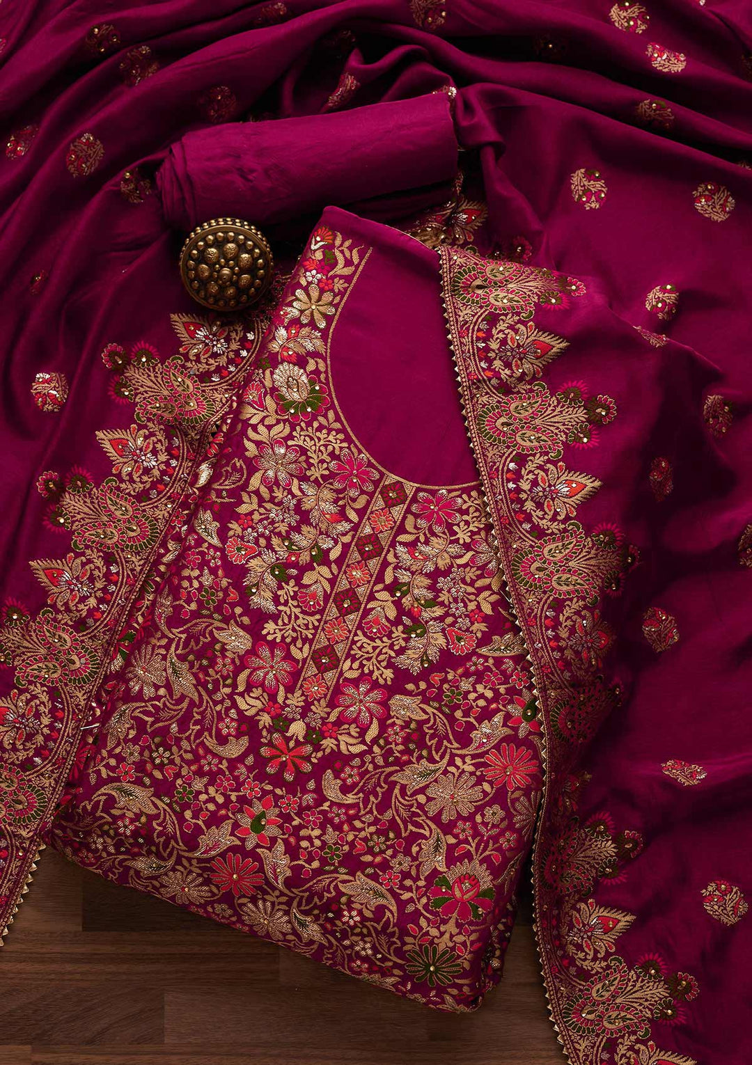 Rani Pink Zariwork Semi Crepe Designer Unstitched Salwar Suit - Koskii