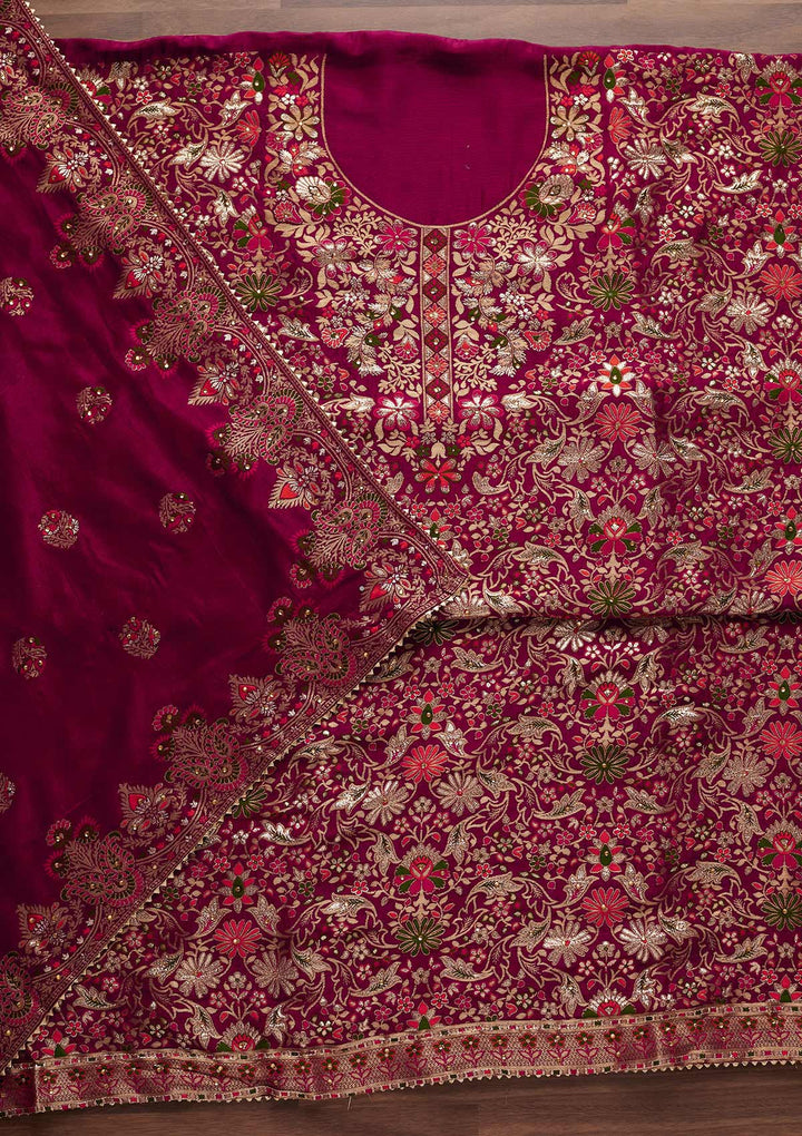Rani Pink Zariwork Semi Crepe Designer Unstitched Salwar Suit - Koskii