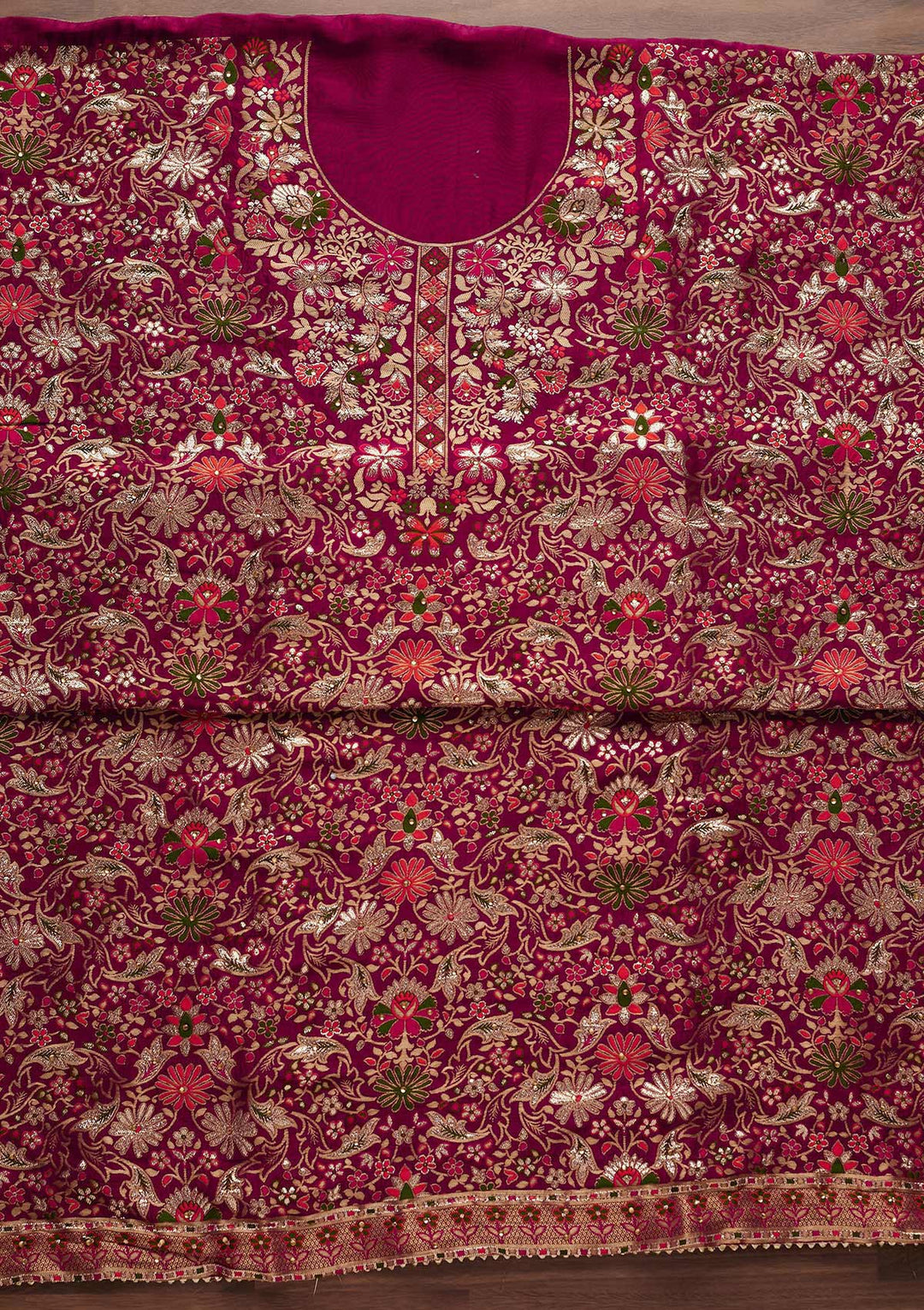 Rani Pink Zariwork Semi Crepe Designer Unstitched Salwar Suit - Koskii
