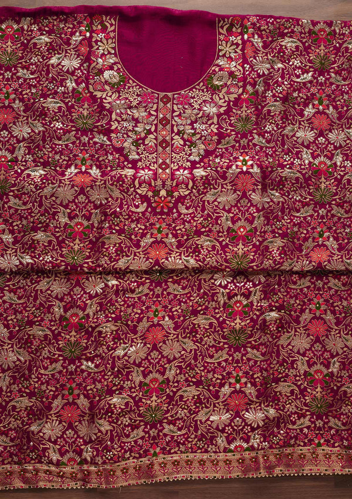 Rani Pink Zariwork Semi Crepe Designer Unstitched Salwar Suit - Koskii
