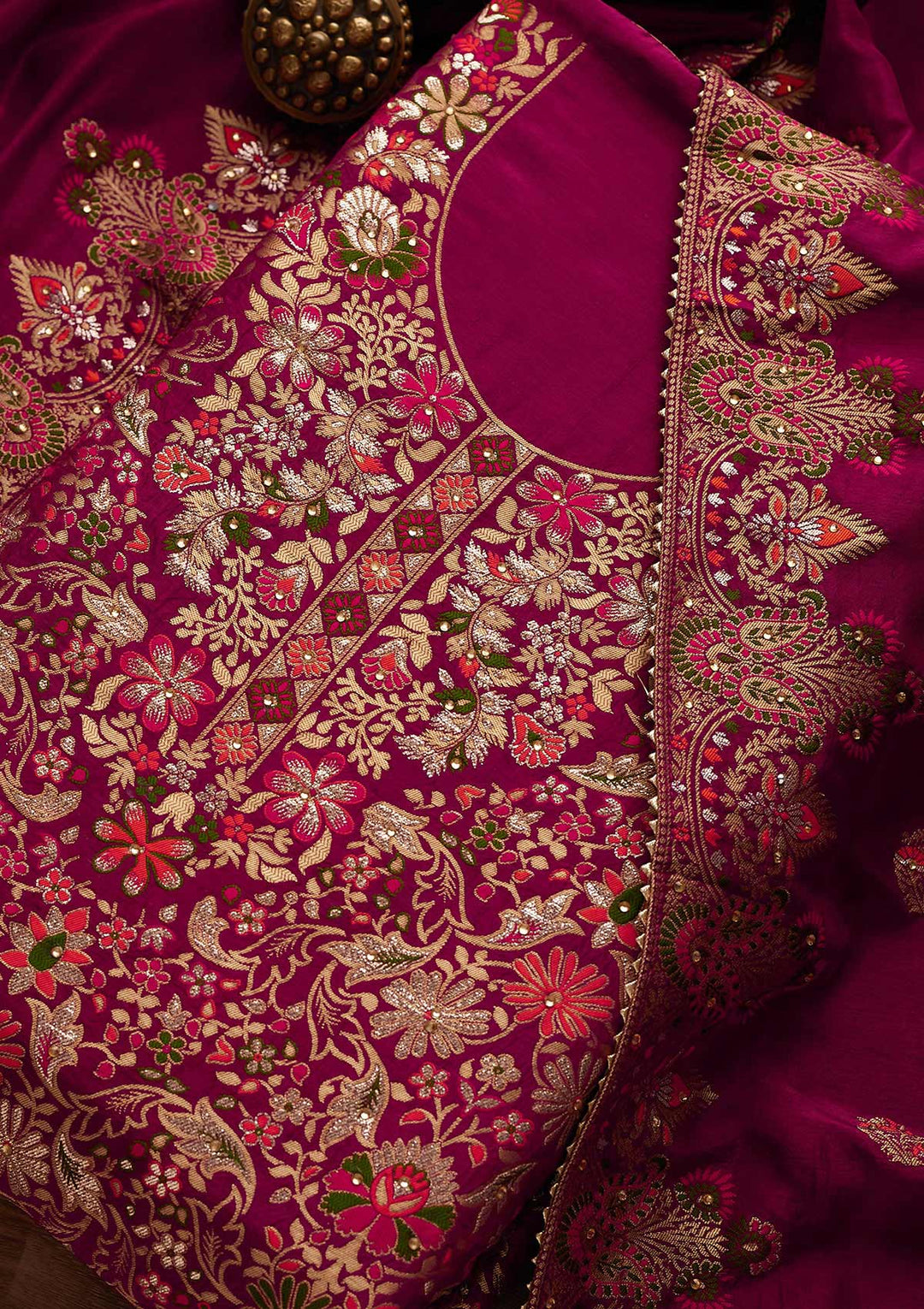 Rani Pink Zariwork Semi Crepe Designer Unstitched Salwar Suit - Koskii