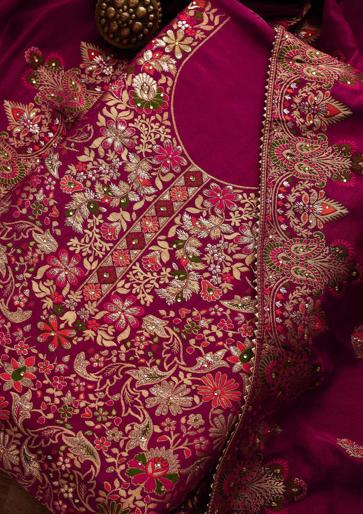 Rani Pink Zariwork Semi Crepe Designer Unstitched Salwar Suit - Koskii