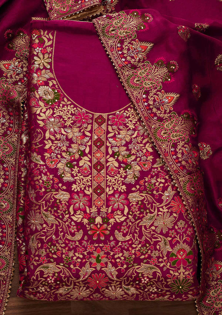 Rani Pink Zariwork Semi Crepe Designer Unstitched Salwar Suit - Koskii