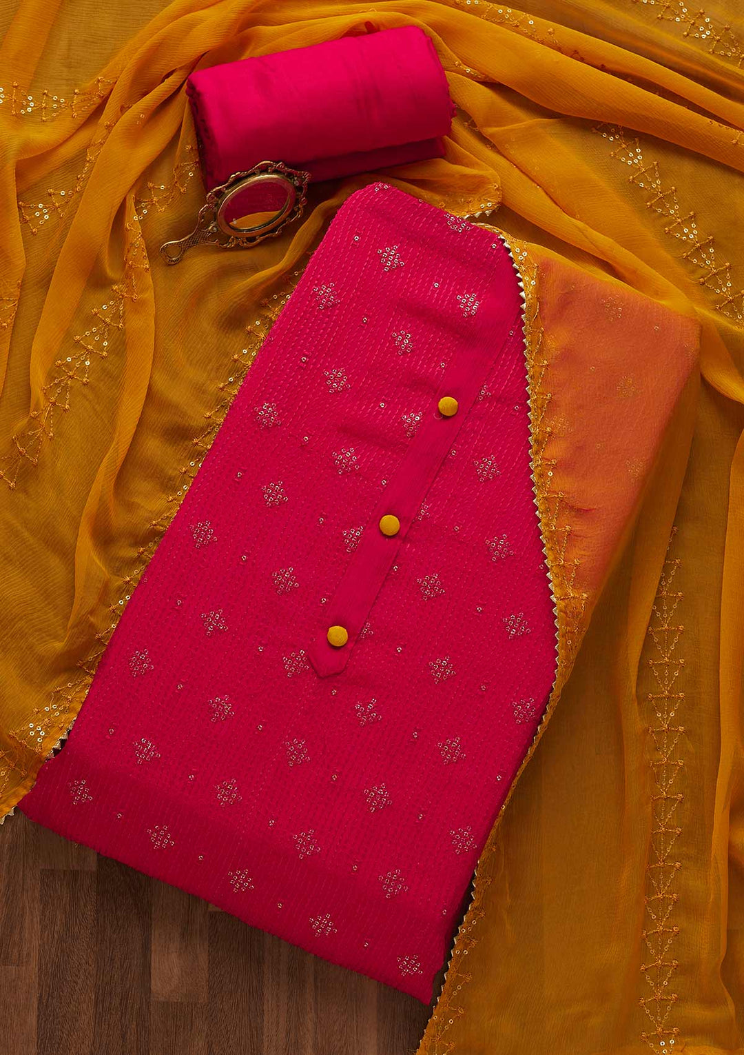 Rani Pink Zariwork Semi Crepe Unstitched Salwar Suit-Koskii