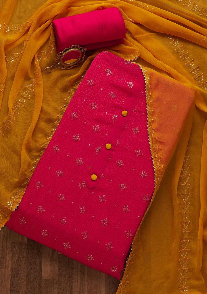 Rani Pink Zariwork Semi Crepe Unstitched Salwar Suit-Koskii